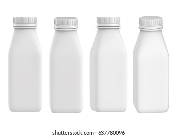 3D Rendering Set Of Yogurt Milk Square Plastic Bottle With Lid, Mock Up On White Background