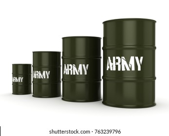 3D rendering several army khaki barrels with the inscription
