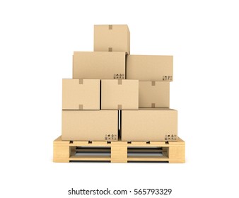 3d Rendering Of Several Carton Boxes Stacked Evenly On A Double-decked Pallet On White Background. Packaging And Delivery. Cargo Services. Loading Goods.