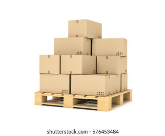 3d Rendering Of Several Carton Boxes Stacked Evenly On A Double-decked Pallet On White Background. Packaging And Delivery. Cargo Services. Loading Goods.