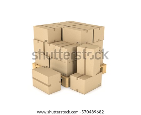 3d rendering of several carton boxes stacked evenly on a double-decked pallet on white background. Packaging and delivery. Cargo services. Loading goods.