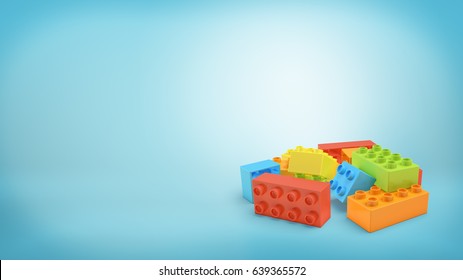 3d rendering of several multi-colored rectangular toy blocks lying in a pile on blue background. Games and toys. Building set. Different parts.