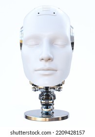 3D Rendering Of A Severed Robot Man Head With Eyes Closed On A Stand Or Podium. White Background. Futuristic Ai Concept.