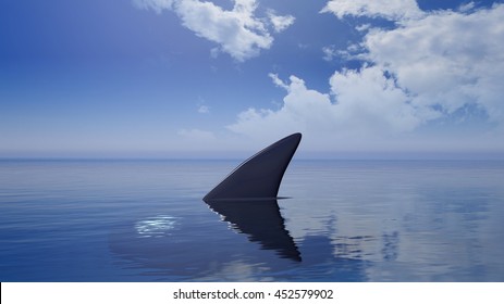 3D Rendering Of Shark Fin Above Water, With Blue Sky Background.