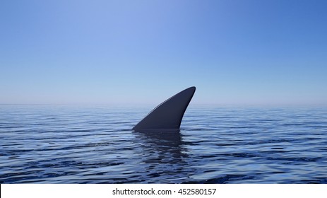 3D Rendering Of Shark Fin Above Water, With Blue Sky Background.