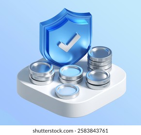3d rendering of shield with coins on platform. simple 3d illustration for business and finance