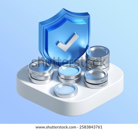 3d rendering of shield with coins on platform. simple 3d illustration for business and finance