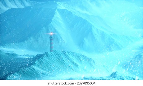 3d rendering of A shining beacon lighthouse in winter,  freezing sea, steep mountains covered with snow, lighting guiding the way