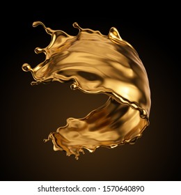 3d Rendering, Shiny Gold Liquid Splash, Metallic Wave, Swirl, Cosmetic Oil, Golden Splashing Clip Art, Artistic Paint, Abstract Design Element Isolated On Black Background. Luxury Beauty Concept