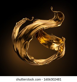 3d rendering, shiny gold liquid splash, metallic wave, swirl, cosmetic oil, golden splashing clip art, artistic paint, abstract design element isolated on black background. Luxury beauty concept