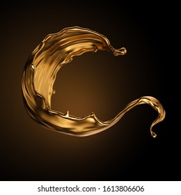 3d Rendering, Shiny Gold Liquid Splash, Metallic Wave, Swirl, Cosmetic Oil, Golden Splashing Clip Art, Artistic Paint, Abstract Design Element Isolated On Black Background. Luxury Beauty Concept