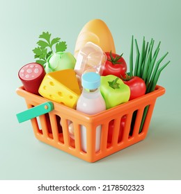 3D rendering of shopping basket with groceries. 3D illustration of a food cart full of products of milk, vegetables, bread, eggs, sausage and cheese in cartoon style, isolated background. - Powered by Shutterstock