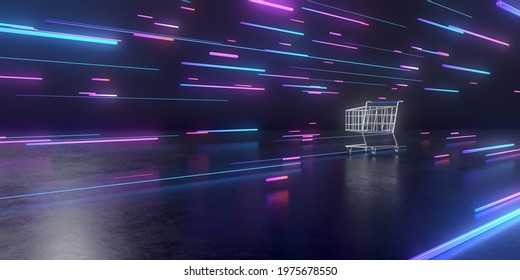 3d Rendering Of Shopping Cart And Abstract Geometric.
