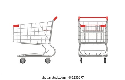 3d rendering of a shopping cart with a red handle in front and side view on white background. Sales and promotions. Grocery shop and supermarket. Going shopping.