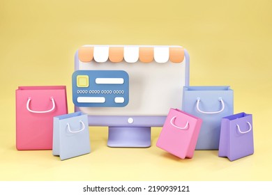 3D rendering shopping online e commerce with credit card concept, computer, shopping paper bag,  illustration design