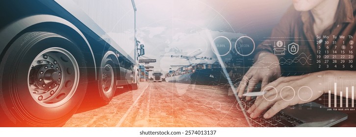 A 3D rendering showcasing integrated logistics with truck wheels, shipping ports, and digital technology, illustrating global supply chain solutions in a modern style.