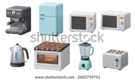 A 3D rendering showcasing a set of stylish kitchen appliances espresso machine, refrigerator, microwave, oven, kettle, blender, and toaster. Pastel and dark grey color palette.