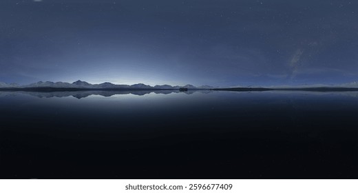 3D rendering showing a serene mountain lake reflecting a clear, starry night sky. 360 Panorama