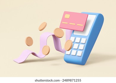 The 3D rendering shows a card reader, credit card, bill and coin, symbolizing the convenience and security of modern digital payments.