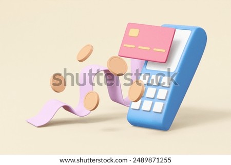 The 3D rendering shows a card reader, credit card, bill and coin, symbolizing the convenience and security of modern digital payments.