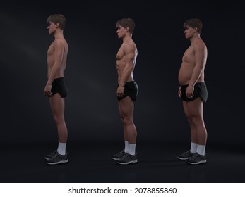 3D Rendering : Side view of standing male body type : ectomorph (skinny type), mesomorph (muscular type), endomorph(heavy weight type)
