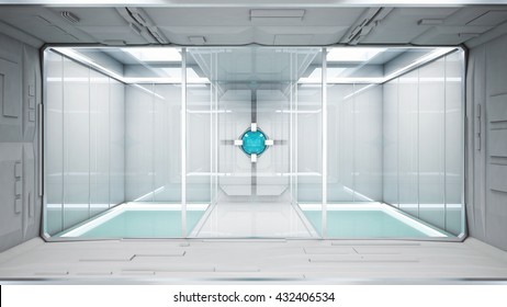 3d Rendering Sifi Lab In White Space With The Blue Power 