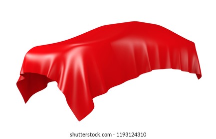 3D rendering silhouette of a car under a red silk fabric three quarter left side bottom view