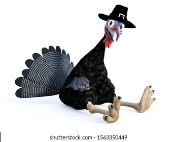 3D rendering of a silly cartoon turkey sitting and wearing a pilgrim hat, tired after Thanksgiving celebration. White background.