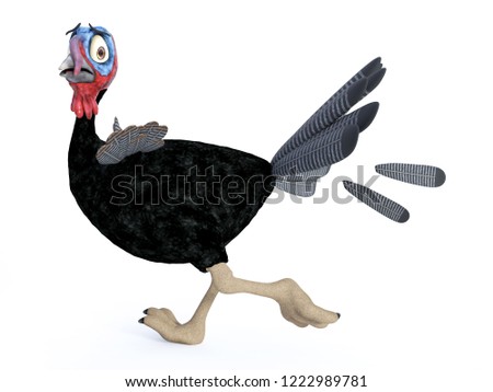 3D rendering of a silly cartoon turkey looking scared and running away while dropping feathers. White background.
