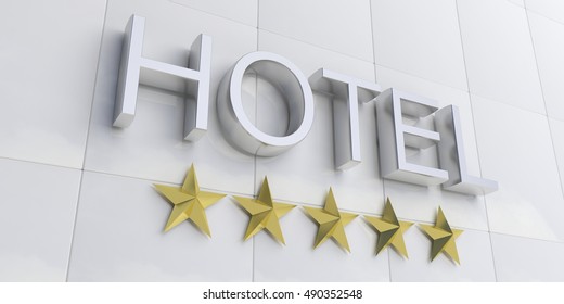 3d Rendering Silver 5 Stars Hotel Sign On White Facade