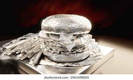 3D rendering - silver or chorme metallic classic hamburger with fries on wooden table and dark background, centered