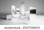 3d rendering. Silver metal panels, assorted mirrors with contrasting shadows and caustics over the white background, bright studio light and casting shadows