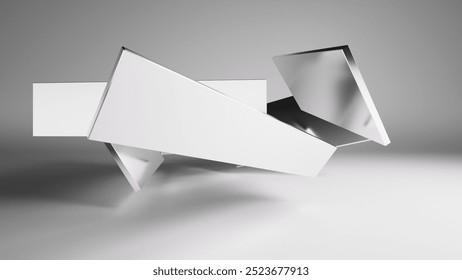 3d rendering. Silver mirrored blocks with contrasting shadows and caustics floating over the white background, bright studio light and casting shadows. Composition with chaotic objects in the air.