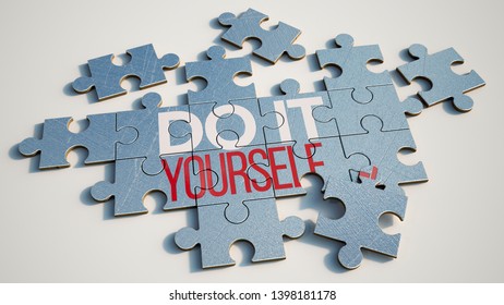 3D rendering of a silver puzzle with the words Do it yourself printed