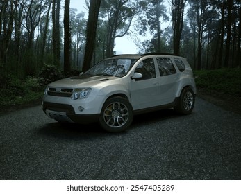 3d rendering - Silver SUV parked in a tranquil forest setting during an overcast day.