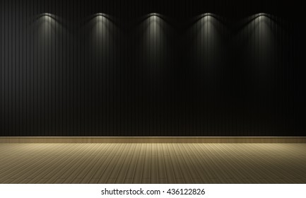 3D rendering of Simple empty black room interior with painted wooden floorboards and black wall.