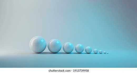 3d Rendering Of Simple White Small To Big Sphere Ball Object On Gray Background. Growing Up Or Evolution Concept.