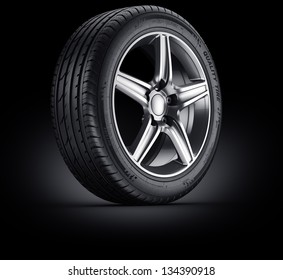 3d Rendering Of A Single Car Tire On A Black Background