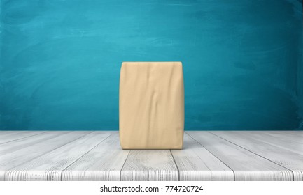 3d rendering of a single closed cement bag vertically placd on a wooden desk on blue background. Best cement grade. Good quality building supplies. Cement powder bag.