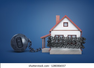 3d Rendering Of A Single House Bound By Iron Chain With A Word Debt On An Iron Ball. Mortgage Debt. Grace Period. Interest And Bank Loans.