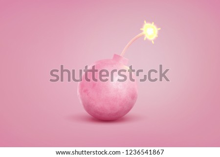 3d rendering of single large pink iron bomb with a lit fuse stands on a pastel pink background. Cute but dangerous. Pink bomb. Threat to normal life.