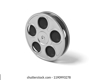 3d Rendering Of A Single Movie Reel With Steel Casing On A White Background. Creating Movies. Retro Art Supplies. Beginning Of Movie History.