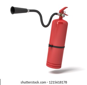 3d rendering of a single red fire extinguisher with its hose lifted up the nozzle pointed straight. Ready to put fire down. Fire fighting. Protect your home from fire.
