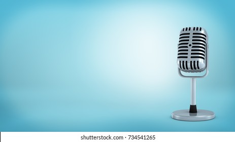3d rendering of a single silver retro microphone placed on a short support stand on blue background. Public speaking. Obsolete sound equipment. Singing career.