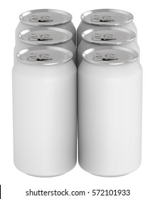 3D Rendering Six Pack Blank Beverage Cans On White Background