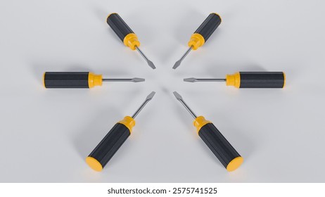 3D rendering of six screwdrivers arranged in a symmetrical, circular pattern against a white background. Ideal for illustrating repair, maintenance, industrial themes and teamwork.