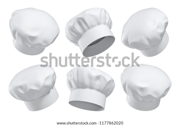 白い背景に異なる角度で6つの白いシェフの帽子の3dレンダリング 料理長 レストランの料理人 キッチンのヘッドギア のイラスト素材