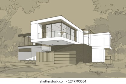 3d Rendering Sketch Modern Cozy House Stock Illustration 1249793554 ...