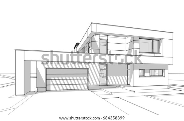 3d Rendering Sketch Modern Cozy House Stock Illustration 684358399