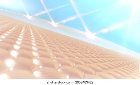 3D Rendering skin cell with UV protection. Ultraviolet shield reflect. Advertisements for cosmetics, sunblock, lotion, serum.  UVA, UVB protection
